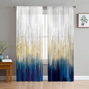 2D Flat 2Pcs Abstract Gold & Blue Pattern Curtains, Rod Pocket Sheer Window Panels for Bedroom Living Room, Modern Art Home Decorative, Semi-Shading Privacy, Home Decoration Curtain