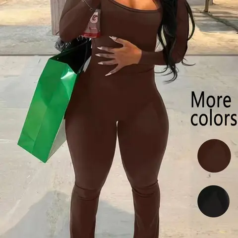 1 Piece Women's Flare Jumpsuit, Trendy Street Style, Chic Casual Jumpsuit, Stretchy Fabric & Bodycon Fit, Highlights Curves & Comfortable to Wear, Suitable for Women's Streetwear, Casual Shopping, Flared Jumpsuit