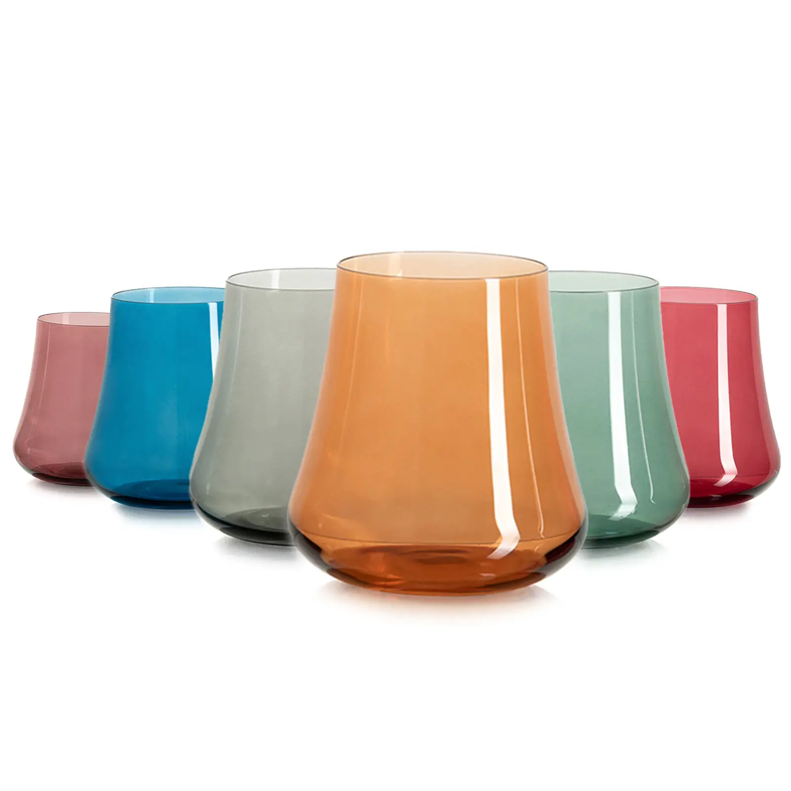 15oz Crystal Colored Stemless Wine Glasses Set of 6 - Hand Blown, Lead-Free, Tapered Rim, Stable Base - Crystal Glasses Ready for Gifting to Wine Lovers, Glassware Drinkware, Colorful Set
