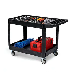 2 Tier Utility Cart with Wheels, Rolling Service Cart with 360° Swivel Wheels, 550LBS Plastic Tool Cart, Work Benches for Garage, Warehouse, Workshop