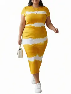 Plus Size Women's Tie-Dye Bodycon Sports Dress - Black & White Stripes, Stretchy Polyester Knit, Round Neck, Short Sleeve, Midi Length, Machine Washable, Casual Wear, Summer Sports & Outdoor Clothing, Shortsleeve