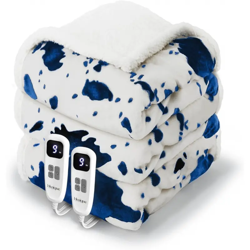 Cow Print Electric Heated Blanket Queen-Dual Control Heating Blanket Queen Size with 10 Heat Levels & 10 Hours Auto-Off, Cozy Soft Fleece Sherpa, Washable, 84x90 Inche Cow Print Blue