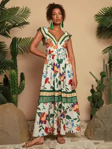 Boho Summer Beach Dress, Casual Chic Floral Print V Neck Sleeveless Backless a Line Dress, Er051, Perfect for Vacation and Relaxing Days