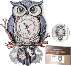 WDPINTU 3D Wooden Puzzle Clock - Owl with Moon & Stars Design, DIY Mechanical Pendulum Wall Clock, Unique Night Theme Decor Gift for Adults & Teens