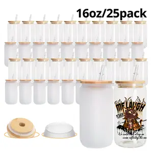 Crafix 25-Pack 16oz Clear/Frosted Sublimation Insulated Glass Tumbler Bottle, Portable Shaped, Bamboo Lid, Washable Plastic Straws, Reusable Water Bottle Drink Container, Festive Gift