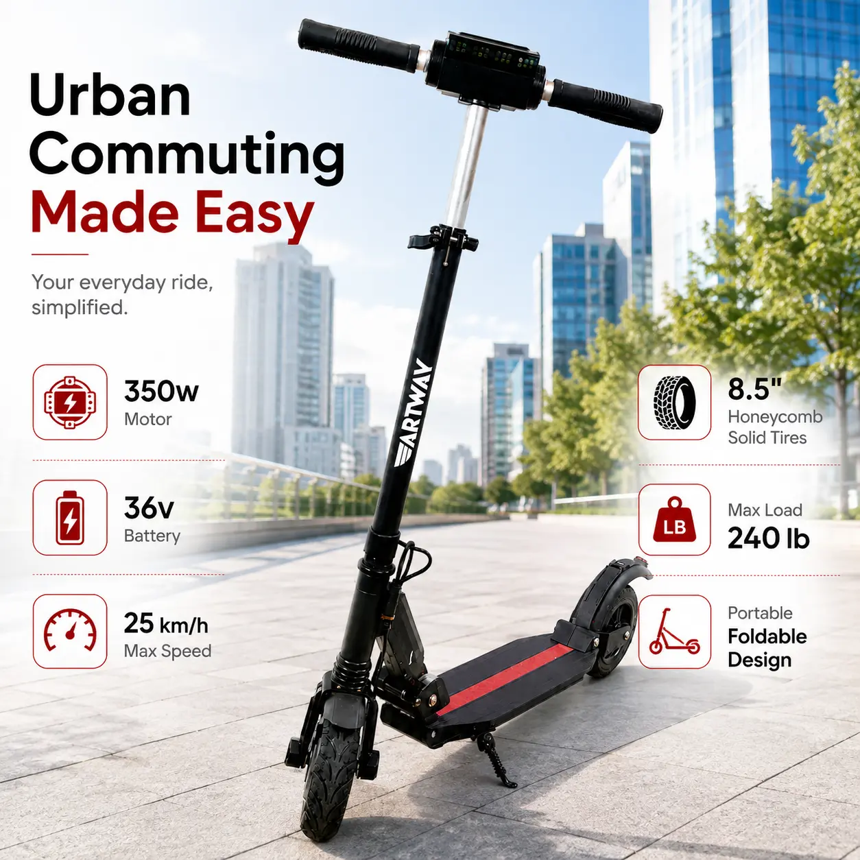 Portable Electric Scooter with 350W Motor, 36V Battery, 15.5 MPH Speed, 8.5 Inch Honeycomb Solid Tires and Folding Frame