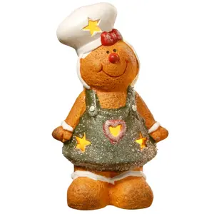 This smiling gingerbread coordinated an outfit & is constructed of non-glazed ceramic material. Battery operated LED lights shine from inside for a soft glow and added charm.