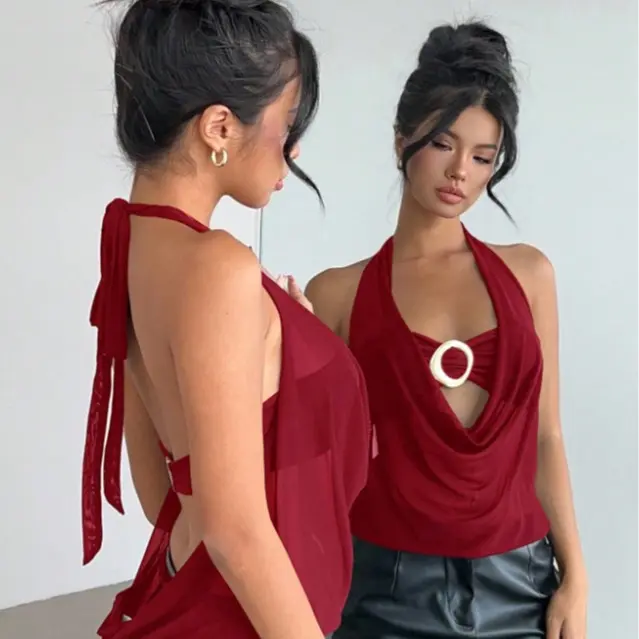 New Semi-Sheer Plunging Neck Halter Backless Top With Metallic Decor,Burgundy Red Top Club Night Summer