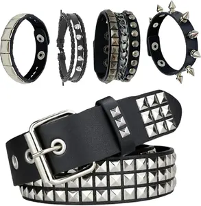 5PCS Punk Studded Spike Chain Multi-PU Layer Bracelet | Faux Leather and Metal Decoration, Black Studded Belt Unisex Street Style Accessory, Suitable for Party and Music Festival Occasions