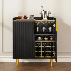 31.5" Black-Gold Fluted Bar Cabinet, Wine Rack & Glass Holder, Modern Sideboard with Drawer & Shelves for Living/Dining Room