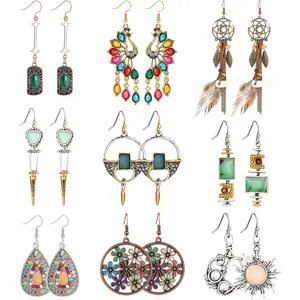 Sanfenly 9 Pairs Bohemian Earrings Retro Rhinestone Earrings Sun and Moon Earrings Boho Jewelry Vintage Dangle Drop Earrings Set for Women