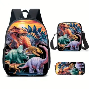 Three-piece dinosaur pattern backpack, lightweight outdoor leisure bag, three-piece set includes backpack, crossbody bag, and pencil case