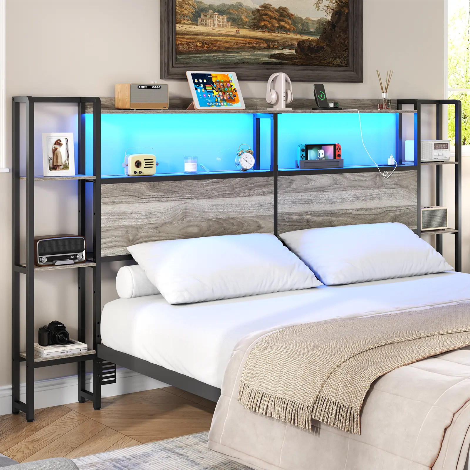 Loomie Headboard for Queen Size Bed with Storage, Headboards with Charging Station & LED Lights, Head Board with Side 3-Tier Storage Shelves & Bed Adapter for Bedroom, Height Adjustable, Queen Size Bed Frame