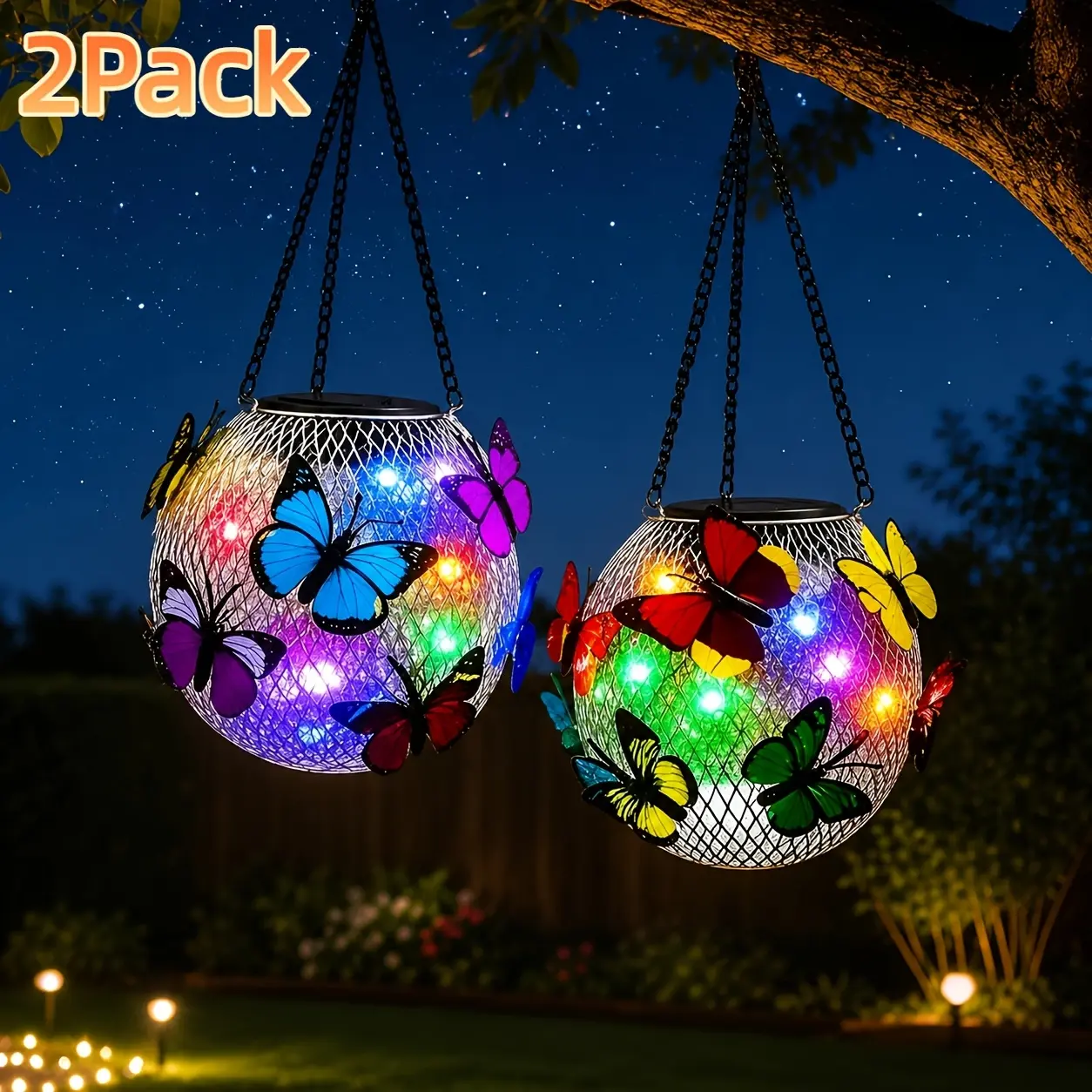 2-Pack Whimsical Solar Butterfly Lanterns - Fairy Aesthetic, 13x11.5cm, 0-5W Low Voltage Wall-Hanging Outdoor Lights, Water Resistant Glowing Light, Porch Decor, Women's Birthday Gift (Multicolor/Warm)