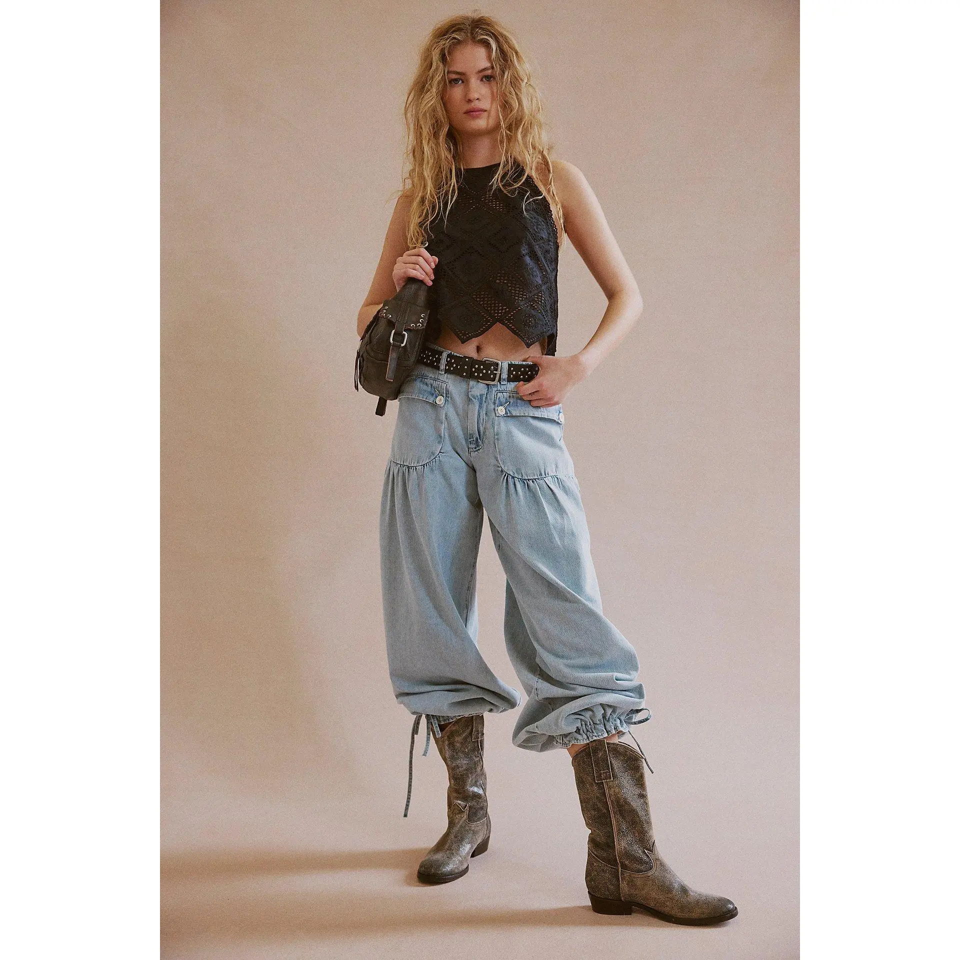 Women High Waist Drawstring Hem Baggy Denim Pants, Vintage Patch Pocket Convertible Barrel Jogger Jeans, Boho Casual Street Wide Leg Trousers, Spring Fall Festival Outfit Gift for Her Light Dark Blue Multi Sizes-DTY
