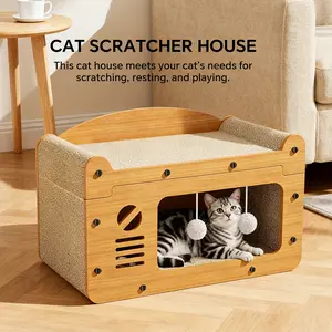 2-in-1 Solid Corrugated Paper Cat Furniture - Scratching House with Integrated Board & Bed, Enclosure for Litter Box/Cat Tree, Ideal for Resting