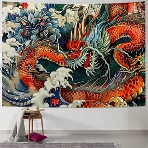 Japanese Dragon Tapestry Oni Mask Wall Hanging Aesthetic Anime Tapestry Art for Men Bedroom Living Room Flannel Fabric Asian Decor