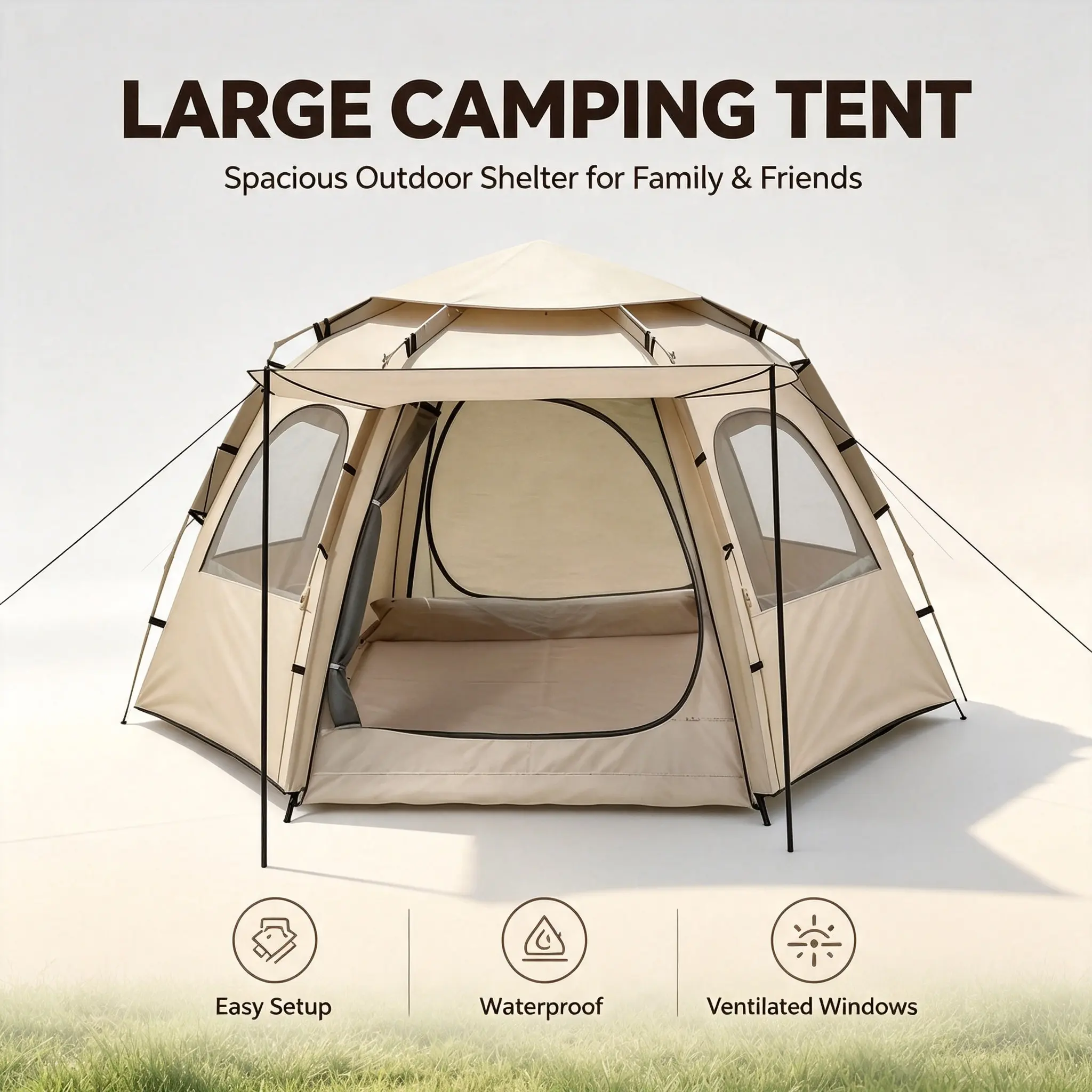 4-6 Person Instant Family Camping Tent, Spacious Waterproof Pop Up Tent with Front Awning, Ventilated Mesh Windows, Quick Setup Shelter for Outdoor Glamping Backyard Festival