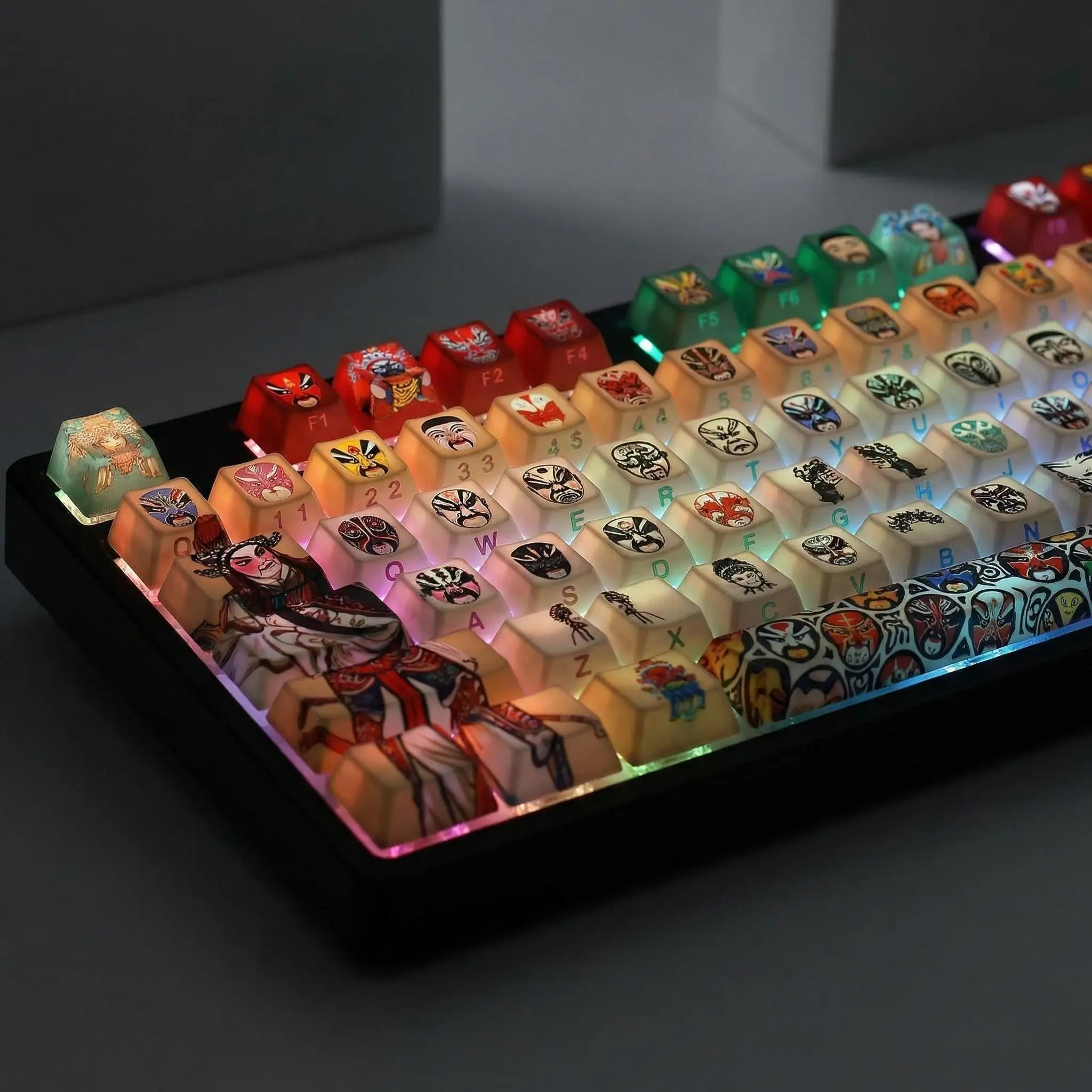 Chinese Opera Theme, Unique Facial Painting Patterns Keycaps Set, Side-Backlit Character Keycaps, Pbt Keycaps, Compatible with Iso Layout, Dye-Sublimated Sublimation Keycap Mechanical Keyboard Accessories