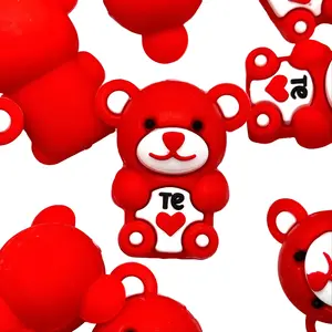 1pc Beary Cute Valentine 3D Silicone Focal Beads - Red Bear Shape Bead Supplies for Beaded Pens Custom Keychains