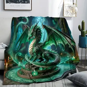 Comfortable Dragon Pattern Flannel Shawl Blanket, Multifunctional, Suitable For All Seasons, Suitable For Home And Travel, Machine Washable, Birthday Gift, Christmas, Halloween, Thanksgiving summervibes