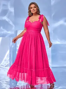[Plus Size] Tie Shoulder Mesh Overlay Formal Evening Party Dress, Ruffle Hem Dress, Elegant Comfortable Long Dress for Birthday Party Prom Wedding Guest, Women's Summer Clothes, Glam Gown, Womenswear
