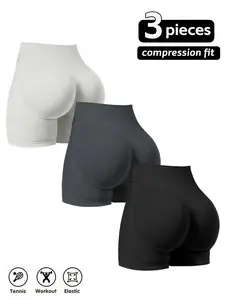 3-Pack High-Waist Seamless Sport Shorts for Women, Breathable Compression Yoga Pants, Running Tight Fit Butt Lifting, Universal Sports Style, High Waisted Shorts, Seamless Athletic Wear Shorts