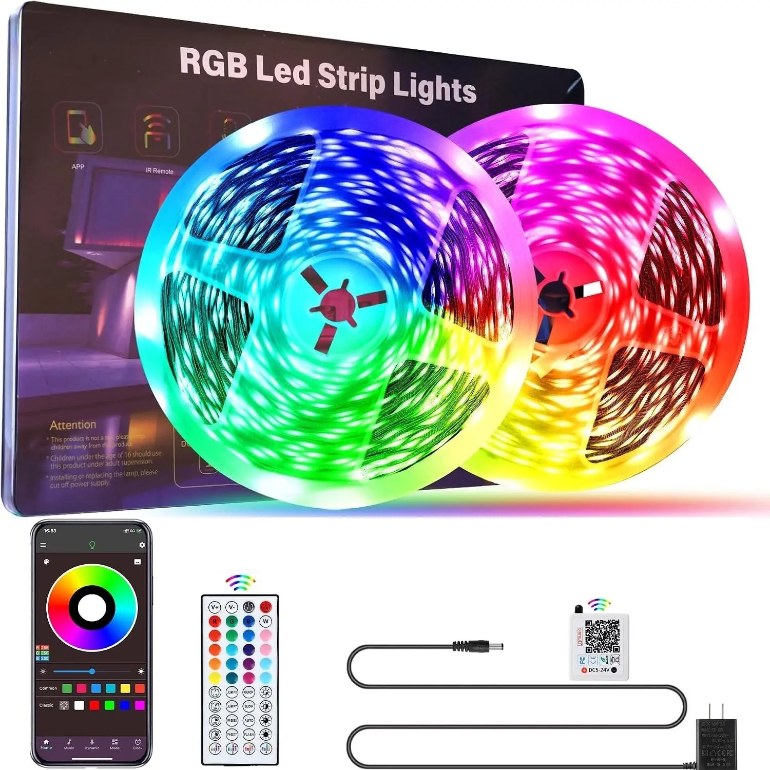 LED Lights for Bedroom, 50FT RGB LED Strip Lights with 44 Keys IR Remote, Smart LED Light Strip with Adhesive Backing Adjustable Brightness App Control for Bedroom Party Decoration