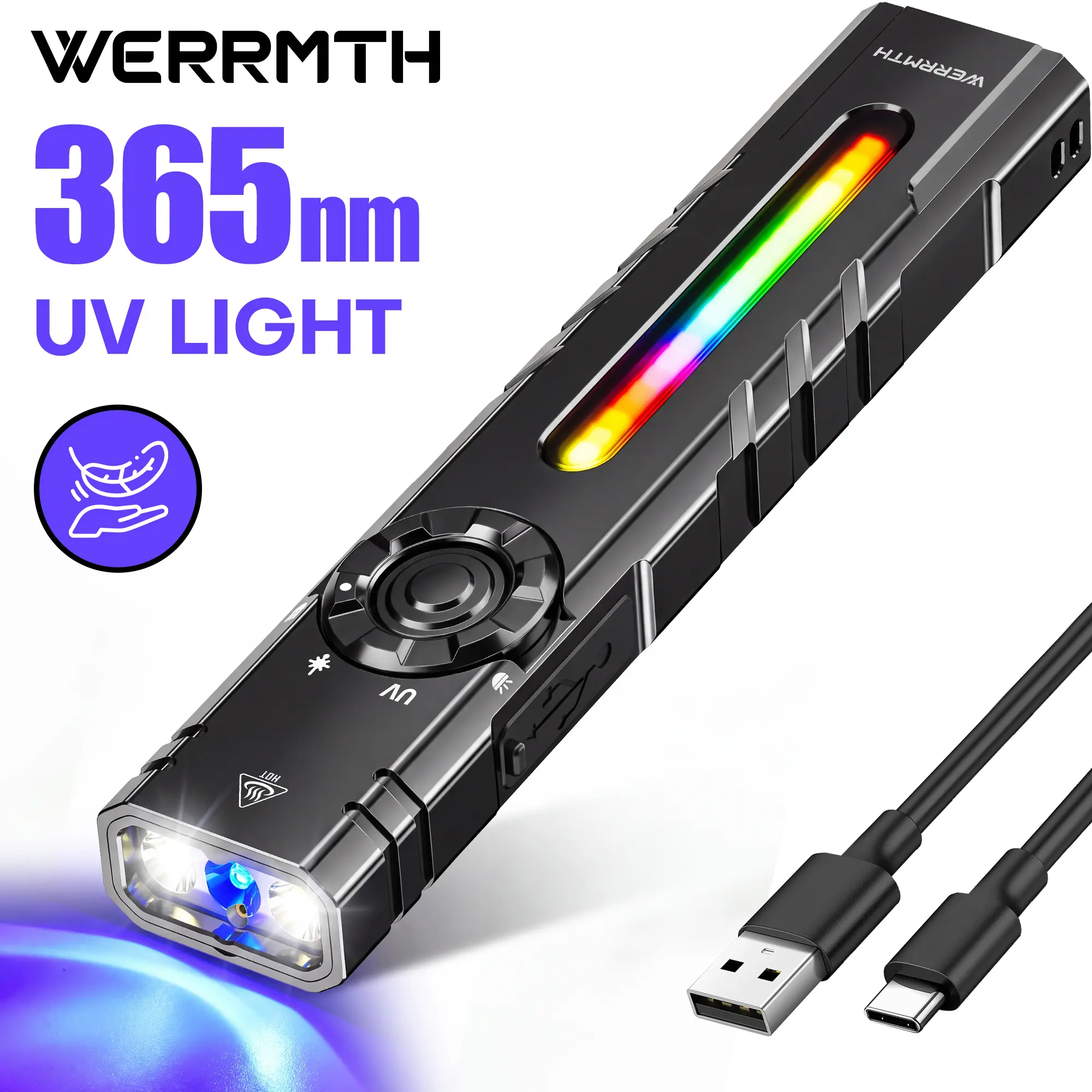 WERRMTH ZL4 2200 Lumen Rechargeable EDC Tactical Flashlight, Magnetic Flat Pocket Light with 365nm UV, RGB Sidelight, Green Light, USB-C Charging and Pocket Clip for Camping, Car Repair, Emergency, Cool Gifts for Men
