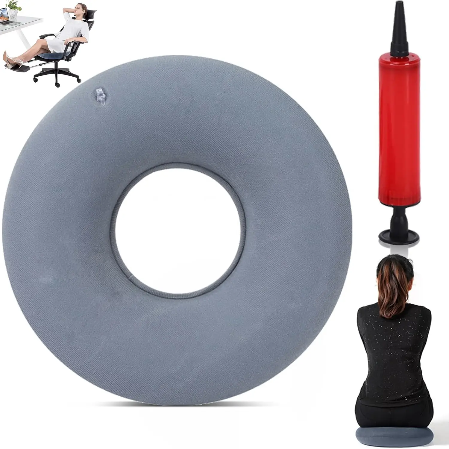 Hemorrhoids Seat Cushion, Polyester, Inflatable Seat Cushion, Orthopaedic Round Cushion, for Hemorrhoids, Coccyx Pain, Pregnancy, Adjustable Ergonomic