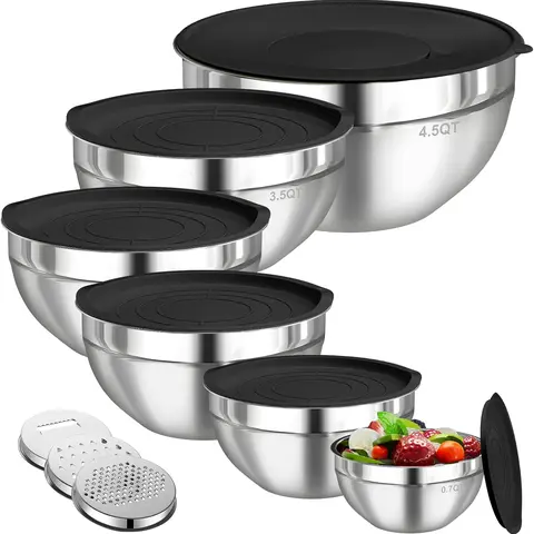 Adult 6-Piece Classic Stainless Steel Nesting Mixing Bowl Set - Airtight Lids, 3 Graters Attachments, Scratch-Resistant Coat, 10" Diameter x 5" Deep (4.5QT,3.5QT,2.1QT,1.5QT,1.1QT,0.7QT), Salad Serving, Food Storage, Dishwasher Safe Kitchen Organizer