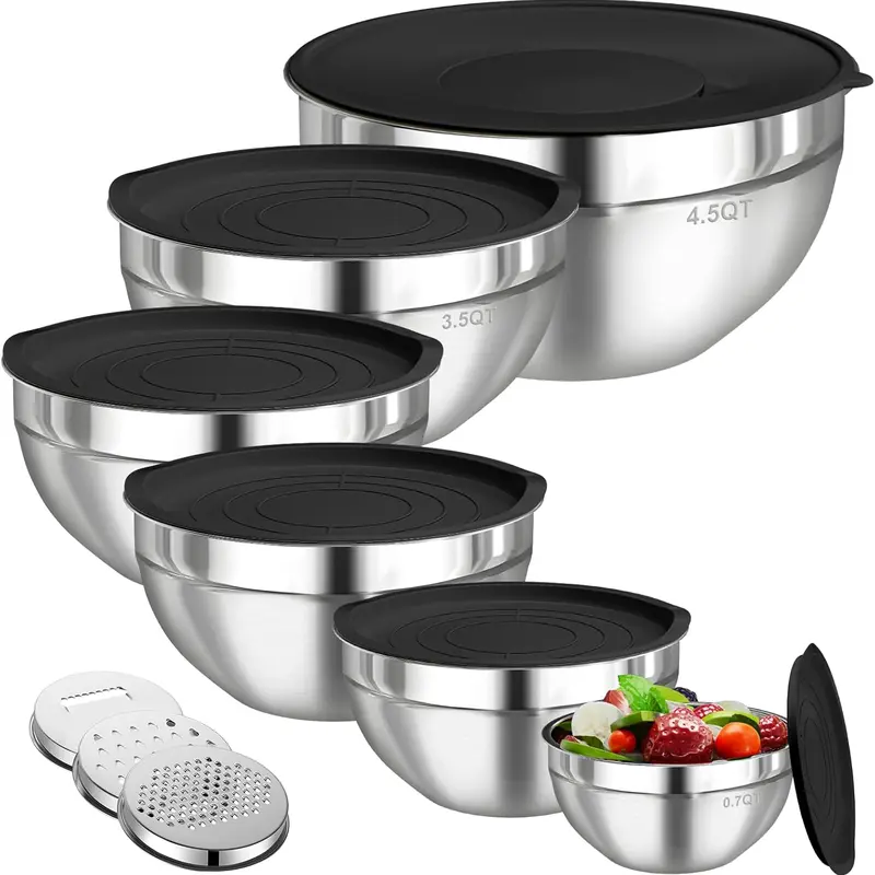 Adult 6-Piece Classic Stainless Steel Nesting Mixing Bowl Set - Airtight Lids, 3 Graters Attachments, Scratch-Resistant Coat, 10" Diameter x 5" Deep (4.5QT,3.5QT,2.1QT,1.5QT,1.1QT,0.7QT), Salad Serving, Food Storage, Dishwasher Safe Kitchen Organizer