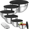 Adult 6-Piece Classic Stainless Steel Nesting Mixing Bowl Set - Airtight Lids, 3 Graters Attachments, Scratch-Resistant Coat, 10" Diameter x 5" Deep (4.5QT,3.5QT,2.1QT,1.5QT,1.1QT,0.7QT), Salad Serving, Food Storage, Dishwasher Safe Kitchen Organizer