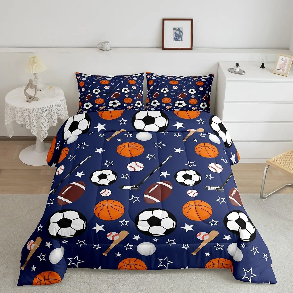 Feelyou 1-Pack Navy Blue Sports Themed Bedding Set - Breathable Digital Print Kid Blanket, Quilt, Duvet, Bedsheet Set with Geometric Accents, Basketball, Football, Baseball Designs, Machine Washable Multi-Size for Boys, Twin/Full Toddler, Multi-Size Sets