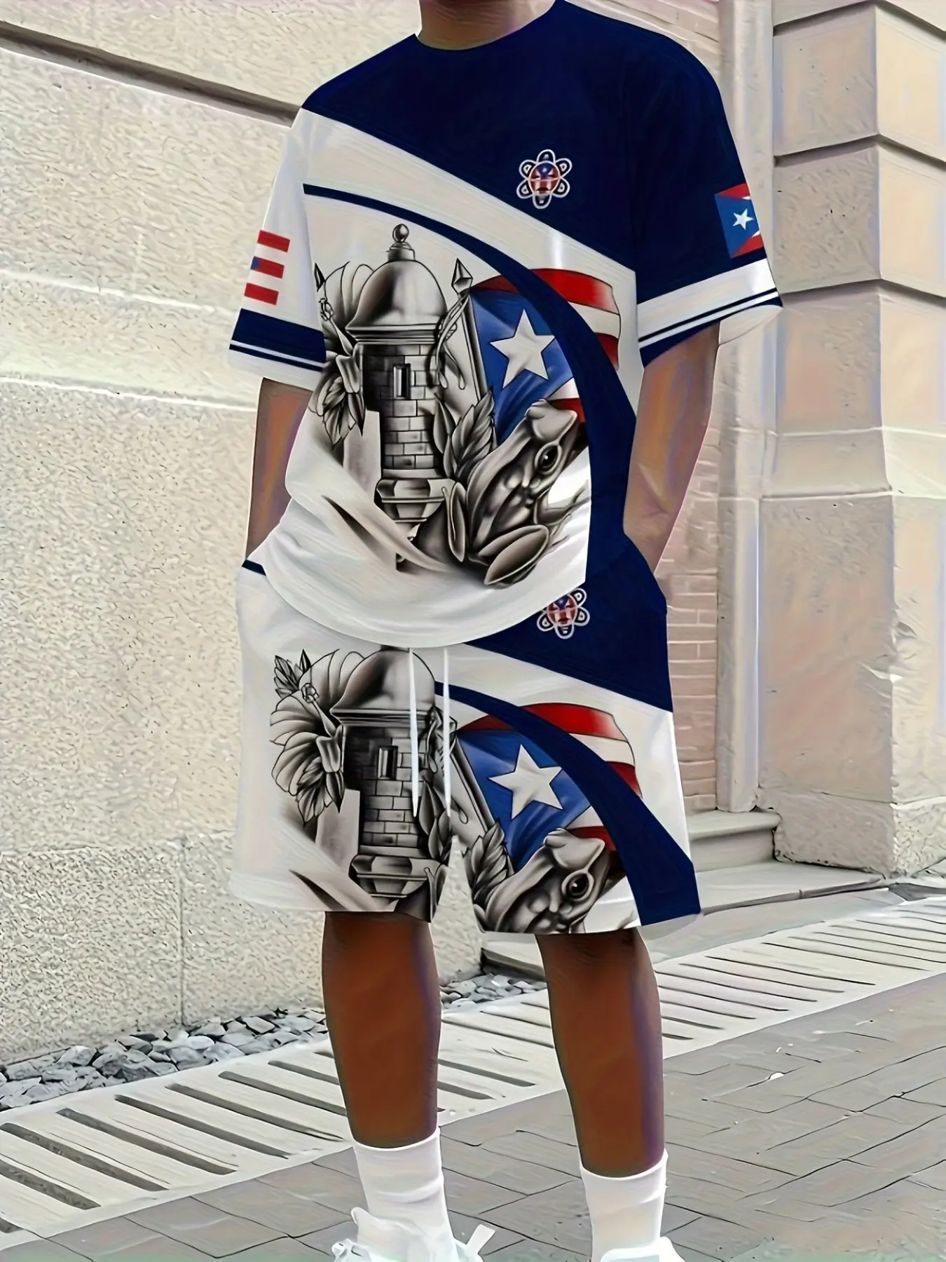 Men's summer two-piece set, Casual, featuring Puerto Rico flag, Coqui frog and Taino cultural symbols print, color-blocked short-sleeve T-shirt and shorts, quick-drying and breathable fabric, suitable for home relaxation and outdoor sports