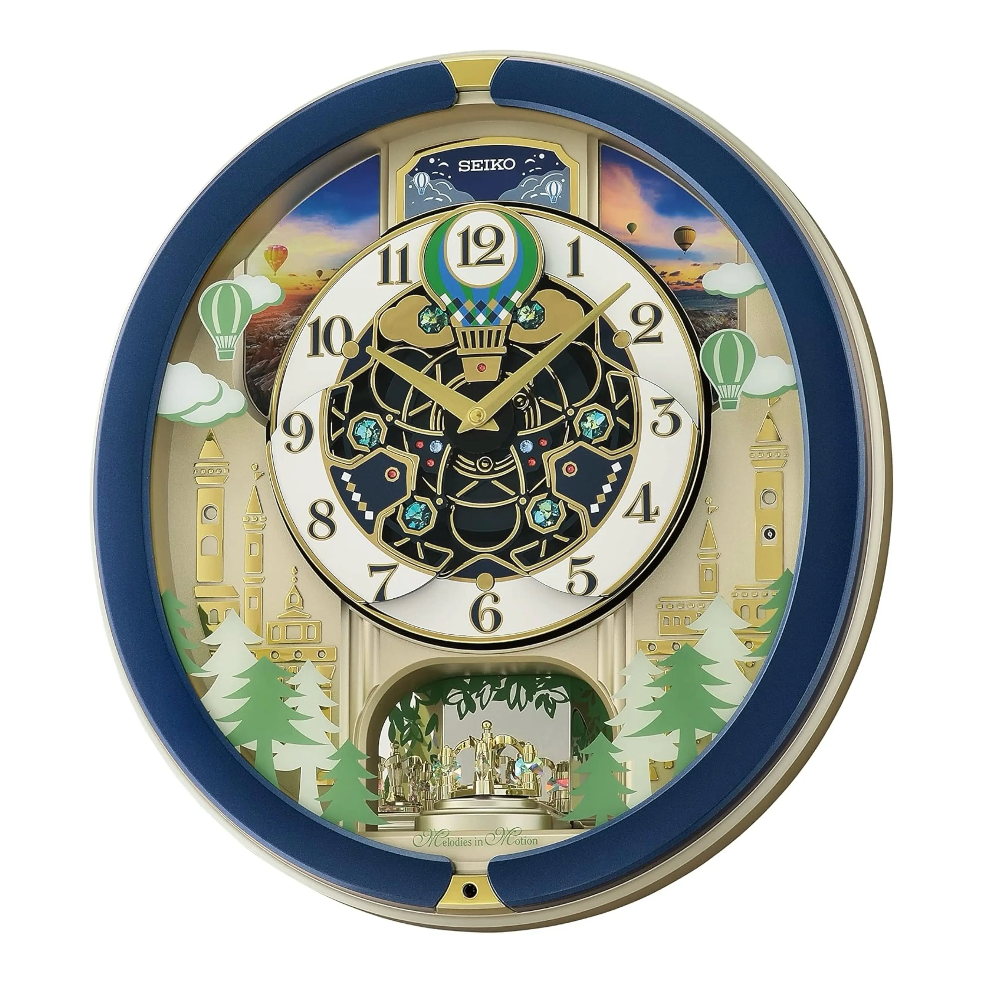 Seiko QXM398LRH “Blue Pine Fantasy” Melodies in Motion Dancing Dial Musical Wall Clock with 40 Songs