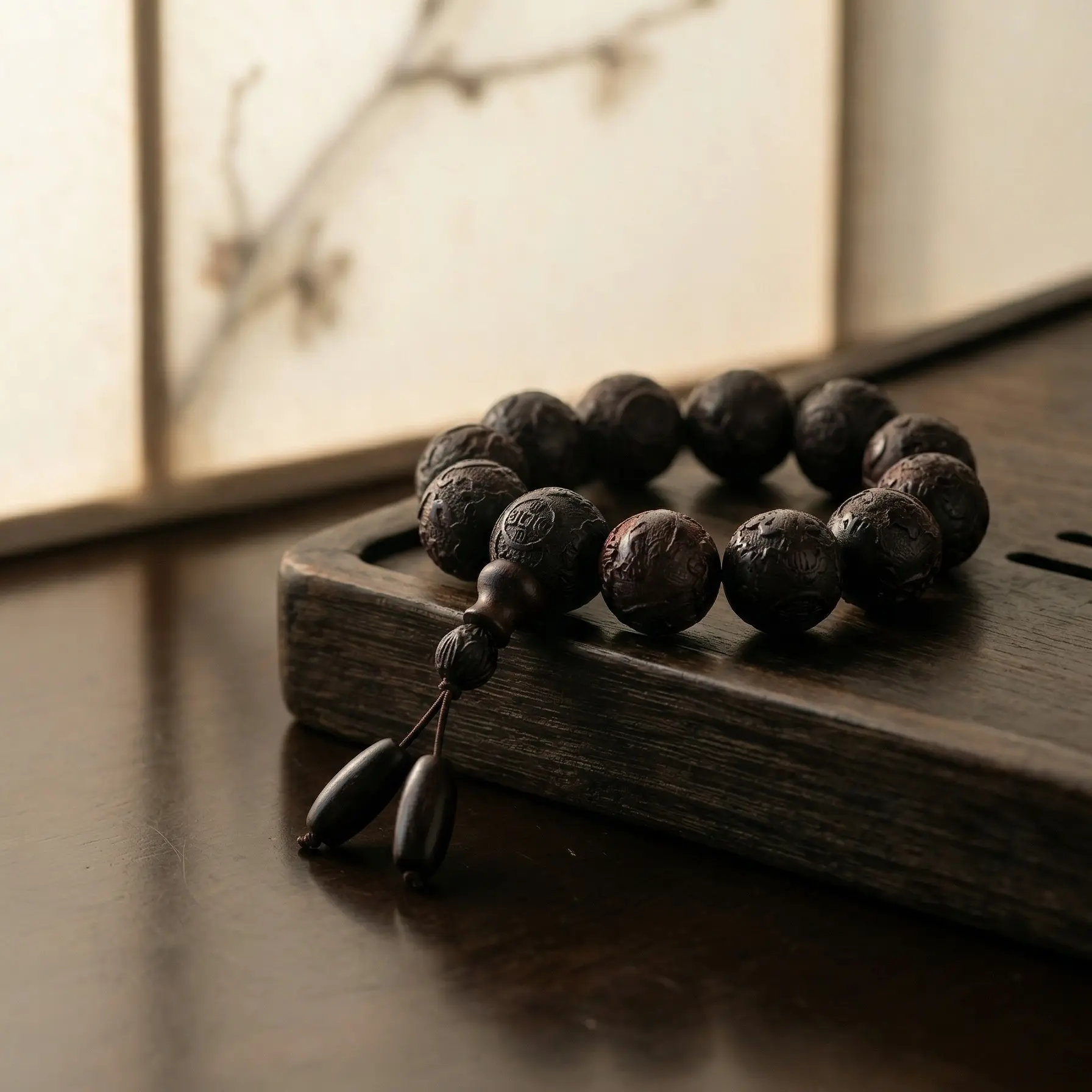 OrientalMind High-density Ebony Wood Bracelet for Men, featuring Handcrafted Auspicious Cloud Carved Reliefs and 'Wealth & Treasure' Engraving, Ethnic Style Collectible, Collectibles, Culture