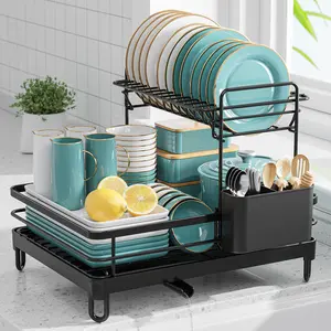 2 Tier Dish Drying Rack for Kitchen Counter, Black Detachable Dish Rack with Large Capacity for Plates, Bowls and Utensils, Space Saving Kitchen Counter Organizer with Drainboard for Efficient Water Drain and Easy Cleaning