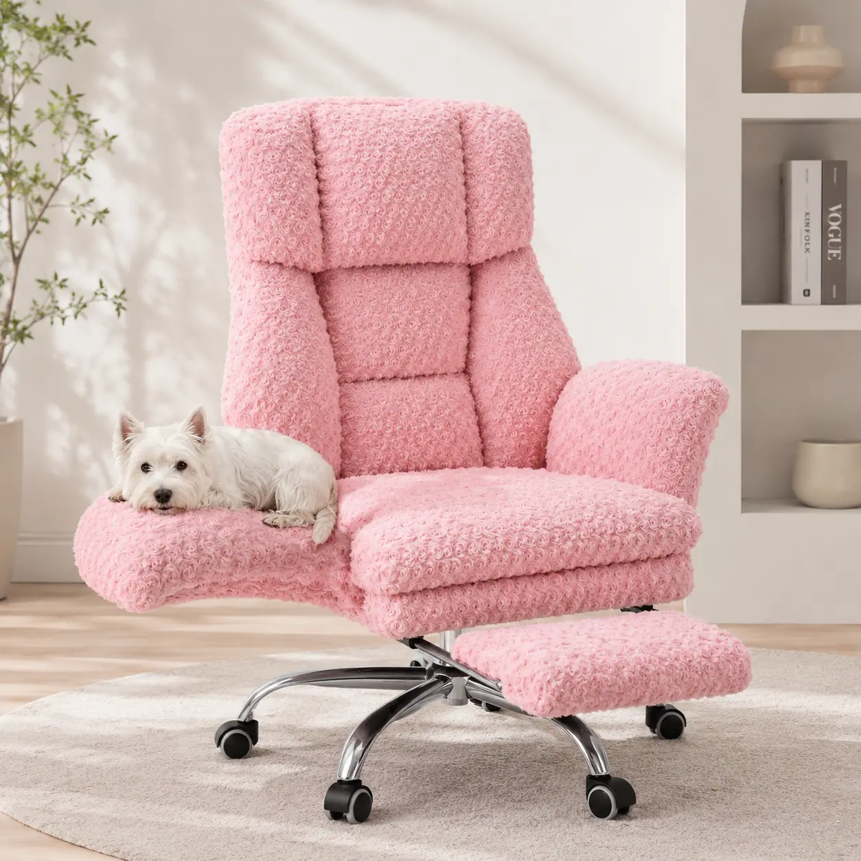 Big & Tall Rose Velvet Office Desk Chair - Plush Ergonomic Recliner with Flip-Up Arms for Cross-Legged Sitting, Footrest, Pet-Friendly Design