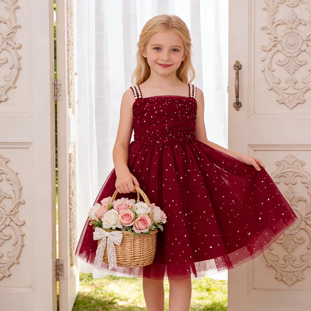 6025 Rose pink sparkling decorative dress for young girls elegant dress suitable for special occasions perfect for girls' party costume design
