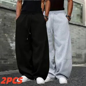 Men's 2-Pack Wide-Leg Sweatpants with Curved Hem American Street-Style Relaxed Fit Heavyweight Knit Fabric Resists Pilling Classic Black & Gray Casual Menswear