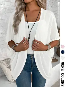 Women's Solid Color Batwing Sleeve Knit Jacket, Casual Open Front Outerwear for Summer, Ladies Clothes for Daily Wear, Knitwear