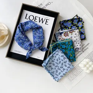 Cotton blue cashew scarf small square ladies spring new Joker flower printed cotton and linen scarf