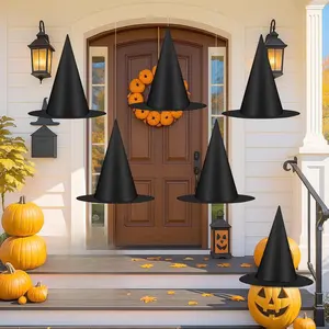 6Pcs Halloween Decorations, Black Witch Hats for Halloween Porch Decor, Hanging Witch Hats with 115 FT Nylon Cord, Thickened Wizard Hat Bulk for Halloween Party Supplies Indoor Outdoor Accessories Cloth Lightweight