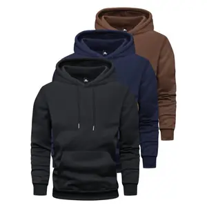 Men’s 3-Pack Casual Pullover Hoodies with Kangaroo Pocket, 100% Polyester Solid Color Hooded Sweatshirts with Slight Stretch, Long Sleeve Knit Sweaters Perfect for Outdoor Running & Jogging