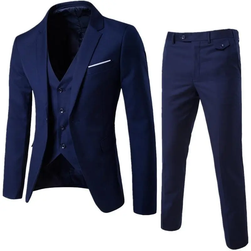 Men's Suit Set Three-Piece Casual Solid Color Slim Fit Formal Suit Groom Stylish Wedding Suit Trendy