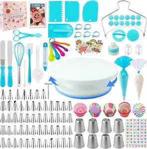 356Pcs All In One Cake Baking Decorating Tools Kit Non Slip Cake Turntable Icing Nozzles Pastry Accessories Reusable Baking Supplies Beginner Essential Kit For Home Kitchen Bakery Birthday Party Dessert Making