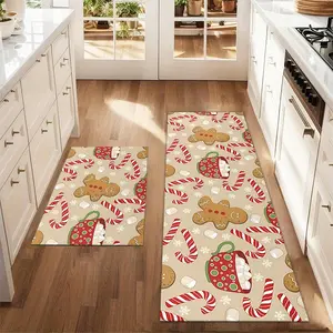 2Pcs Christmas gingerbread man candy Floor mat set for farmhouse kitchen Rug restaurant floor laundry room decor carpet mat Cartoon Pattern Rug