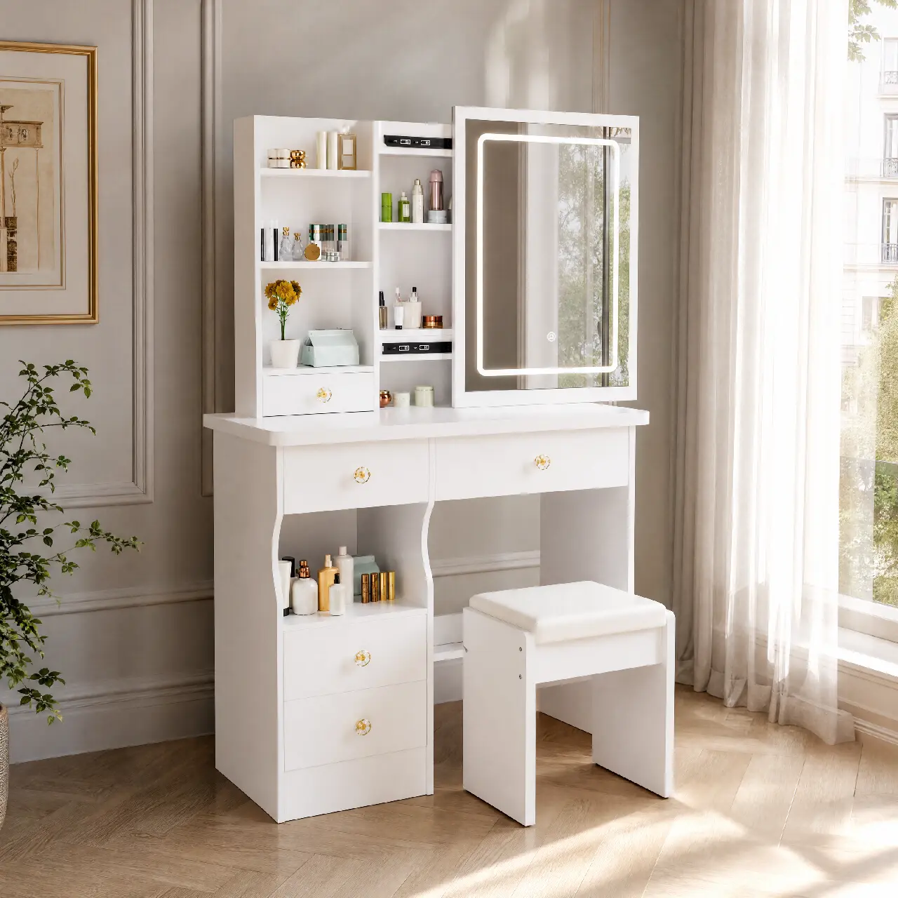 LED Vanity Table Set, 3-Color Dimmable LED Mirror,  Multi-Tier Open Storage Shelves,5 Crystal Knob Drawers, Matching Padded Stool, Multi Compartment Cosmetic Organizer Dresser