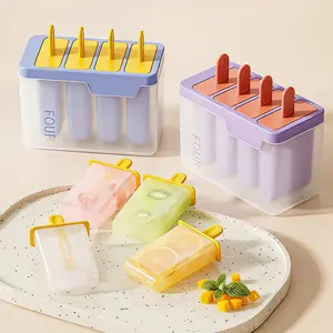 4‑Cavity Popsicle Molds with Cover, Food Grade DIY Ice Cream Mold, Household Reusable Ice Pop Maker Mould, Easy Release Homemade Frozen Treat Mold for Kids Summer Fruit Juice Yogurt Popsicles Magnetic Measuring Cup and Spoon Set